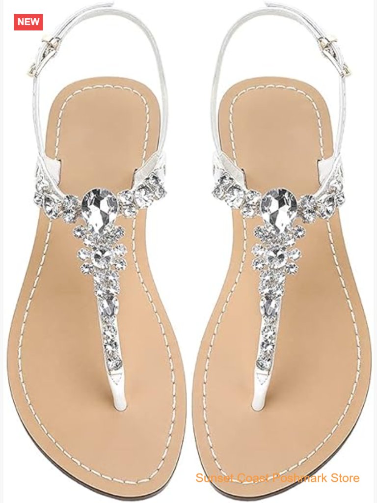 Rhinestone Crystal Jeweled Flat Sandals With Ankle Tie T-Strap